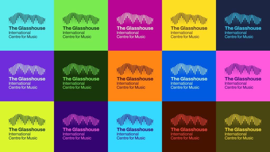 A graphic visual square grid of The Glasshouse logo, repeated many times in different colours on brightly coloured backgrounds.