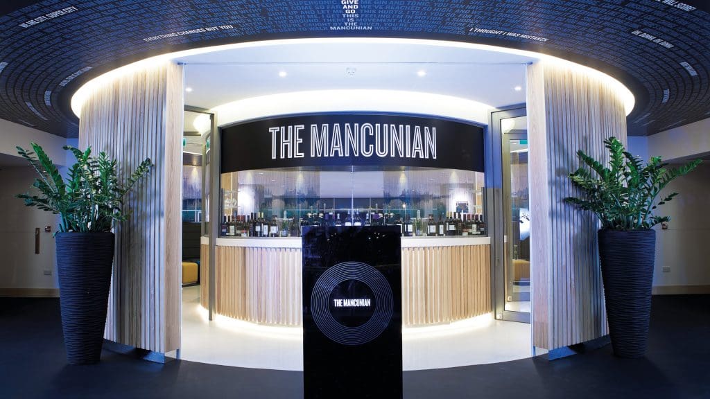The Mancunian, an award-winning hospitality space at Manchester CIty Football Club. Interiors designed by Music.